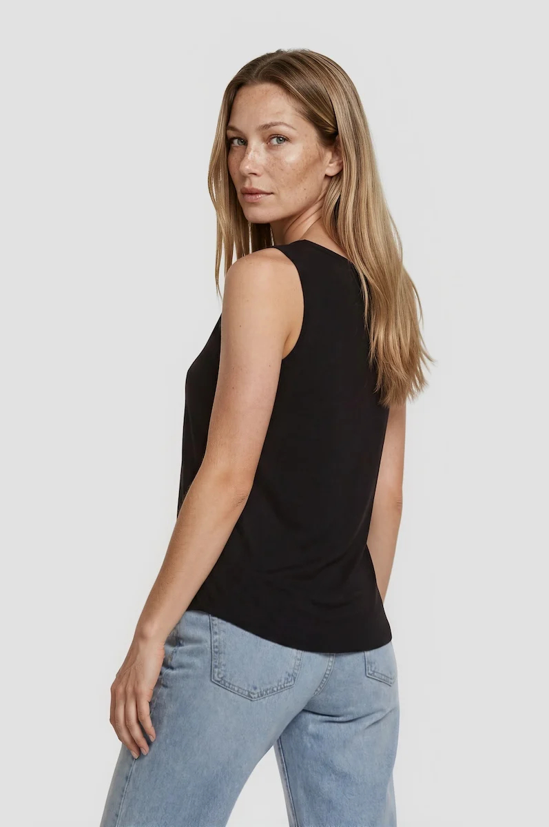 Half Zip Deep V Tank Top - Black - Image 2