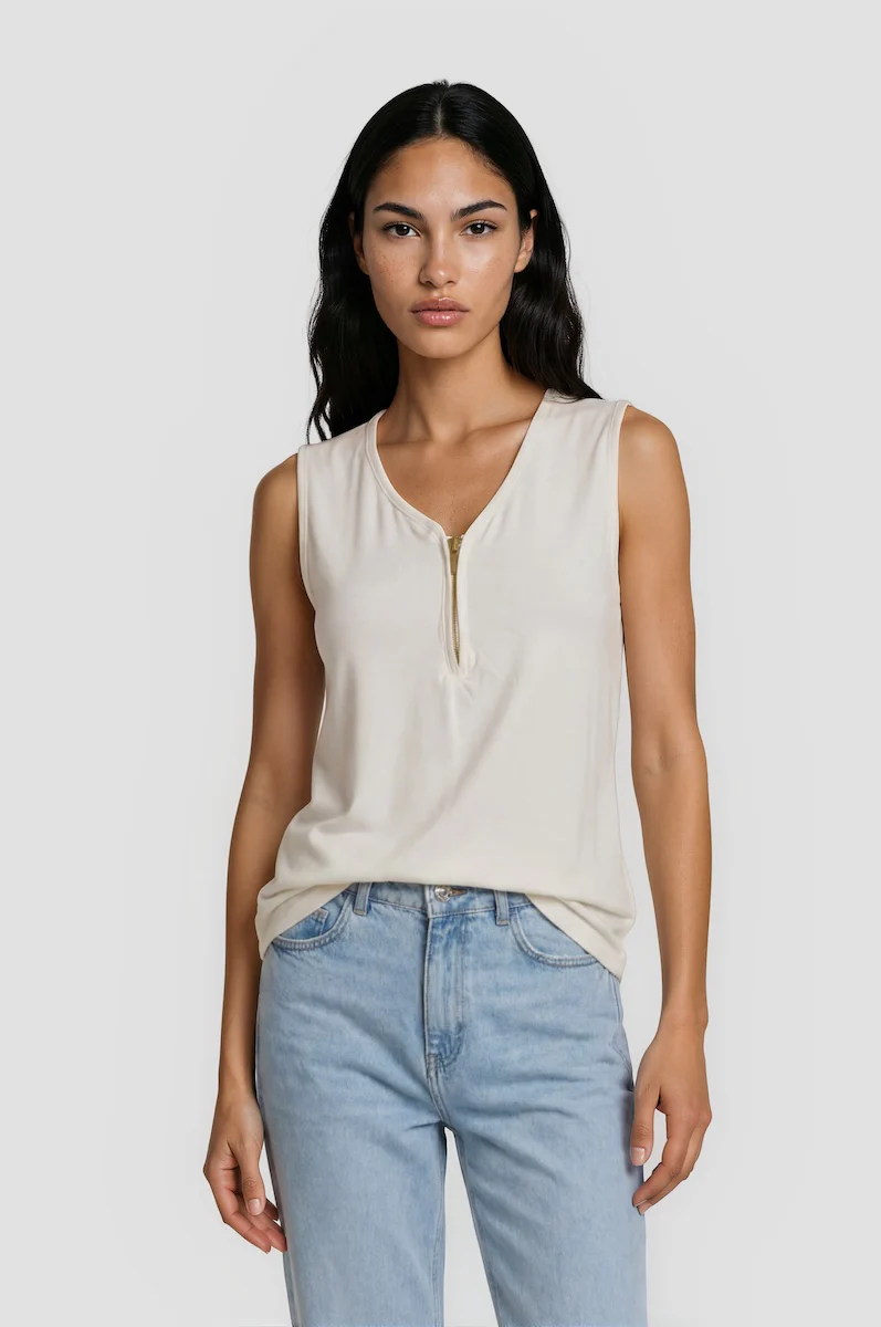 Half Zip Deep V Tank Top - White