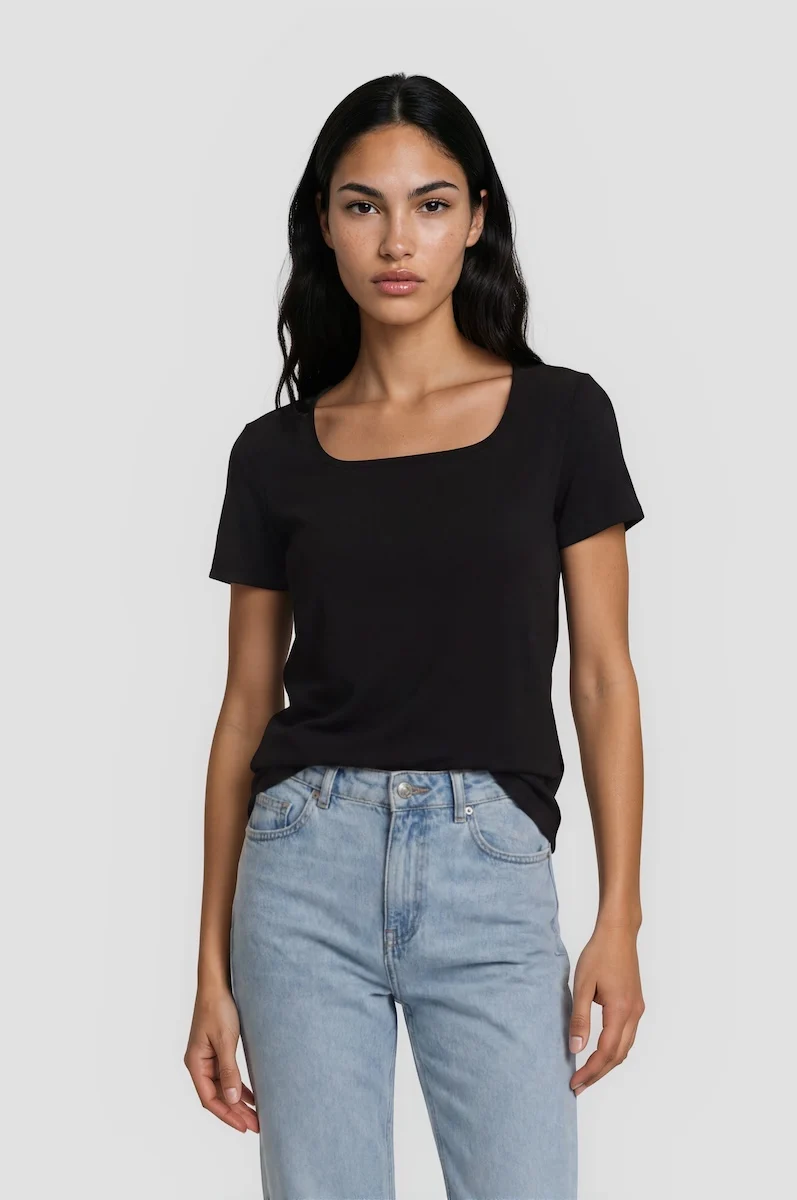 Short Sleeve Square Neck Tee - Black