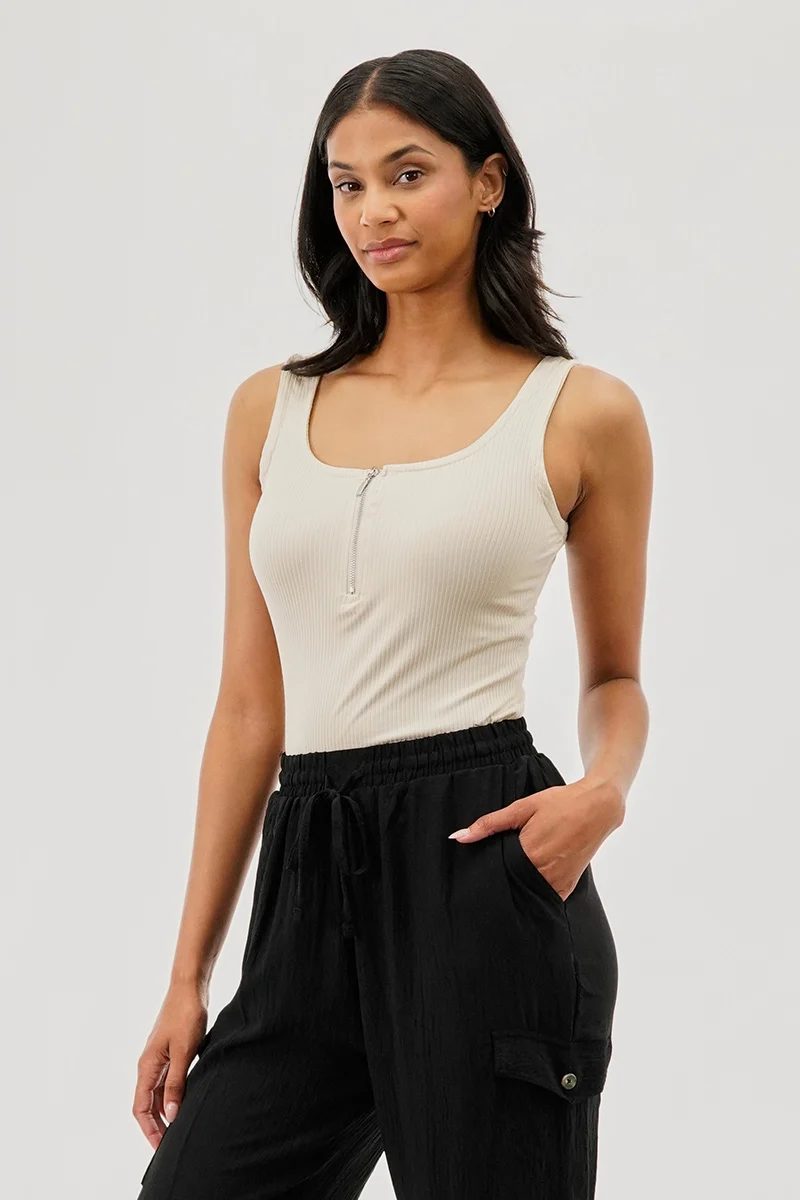 Ribbed Quarter Zip Tank Top - Cream - Image 2
