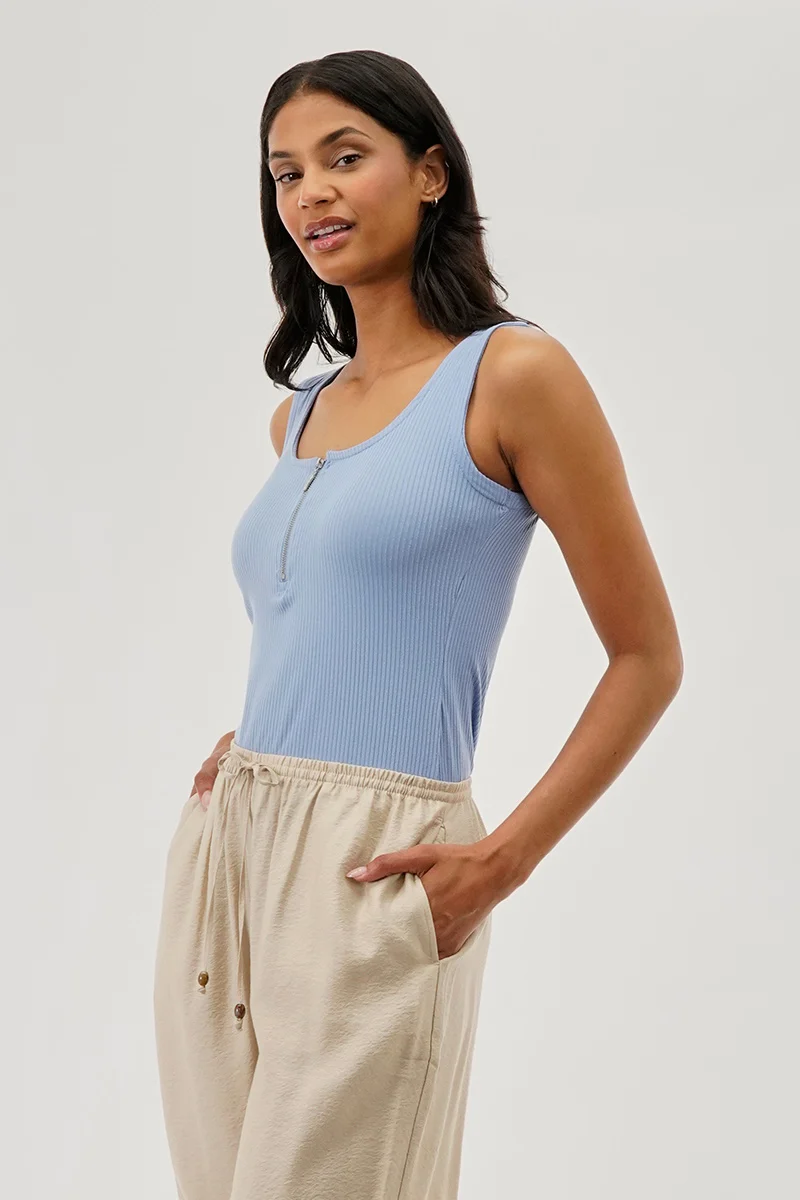 Ribbed Quarter Zip Tank Top - Blue - Image 2