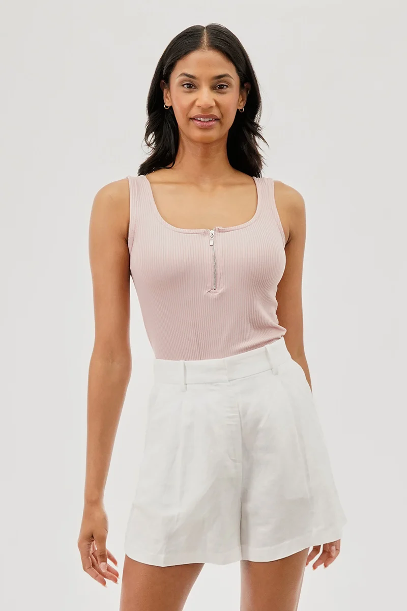 Ribbed Quarter Zip Tank Top - Pink