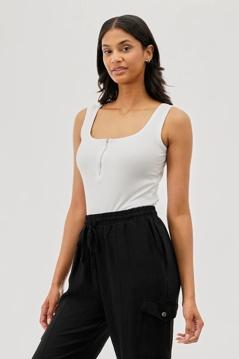 Ribbed Quarter Zip Tank Top - White - Image 2