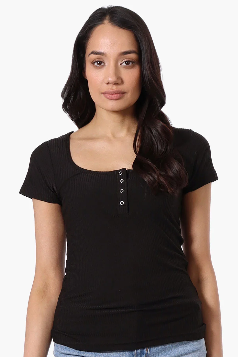 Ribbed Square Neck Henley Tee - Black
