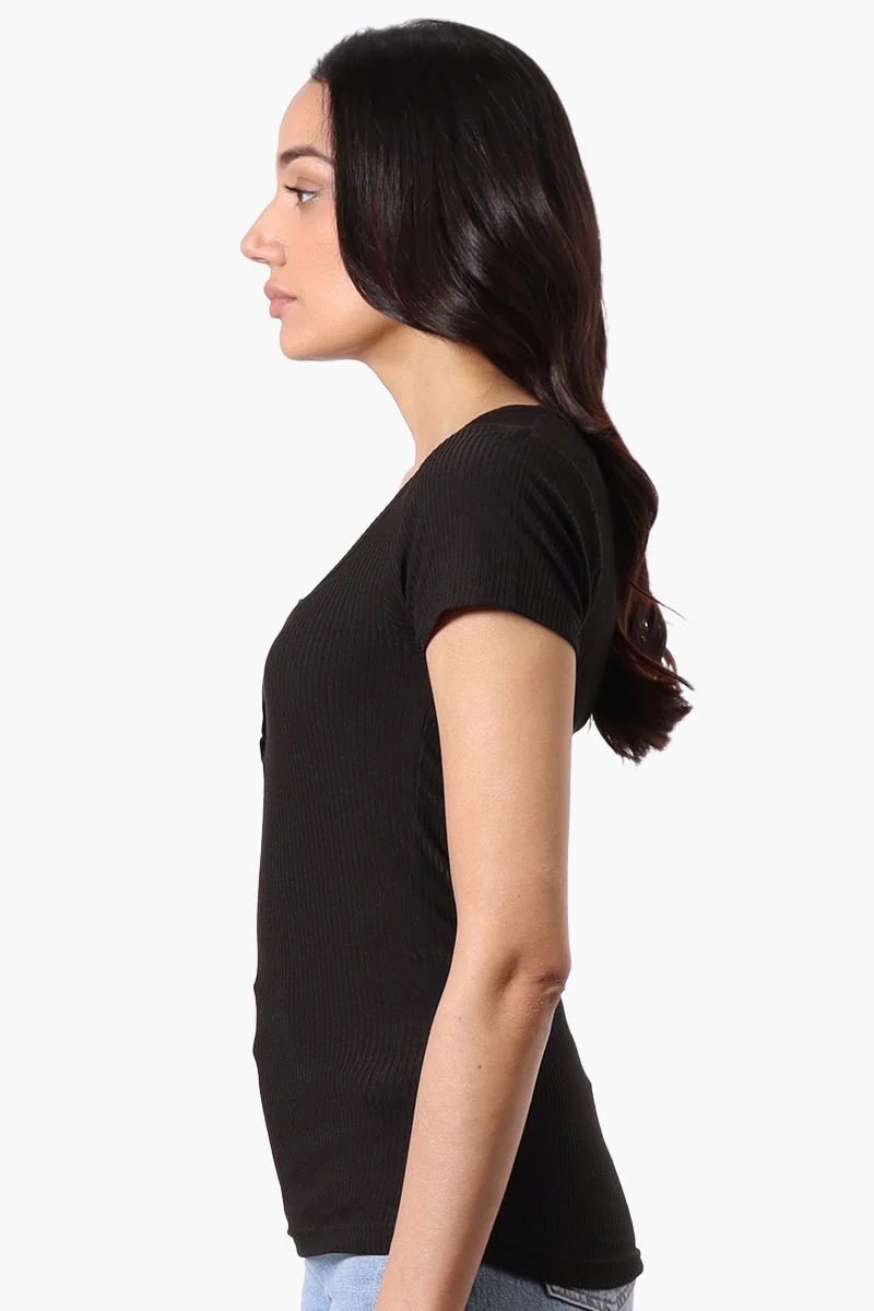 Ribbed Square Neck Henley Tee - Black - Image 2