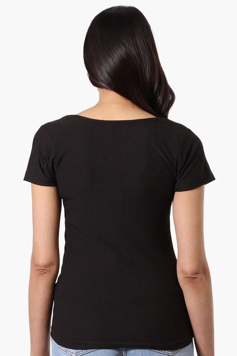 Ribbed Square Neck Henley Tee - Black - Image 3
