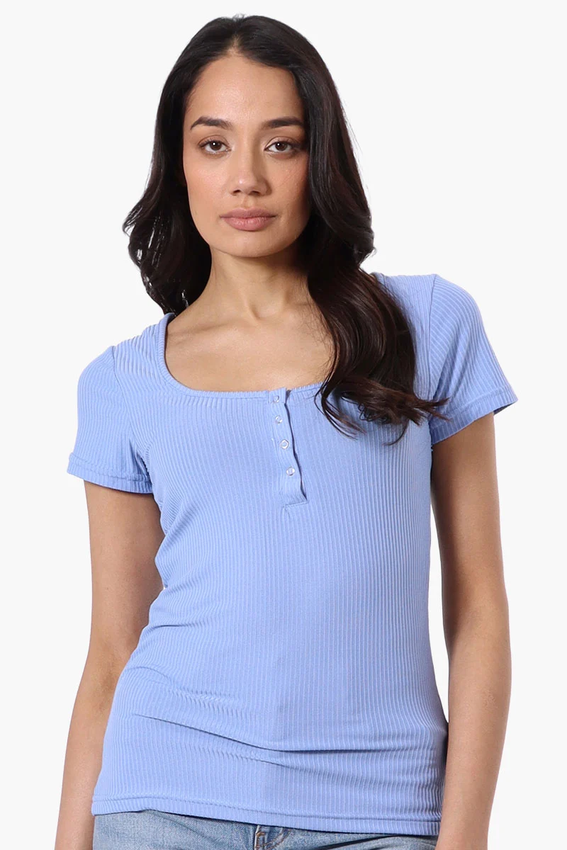 Ribbed Square Neck Henley Tee - Blue