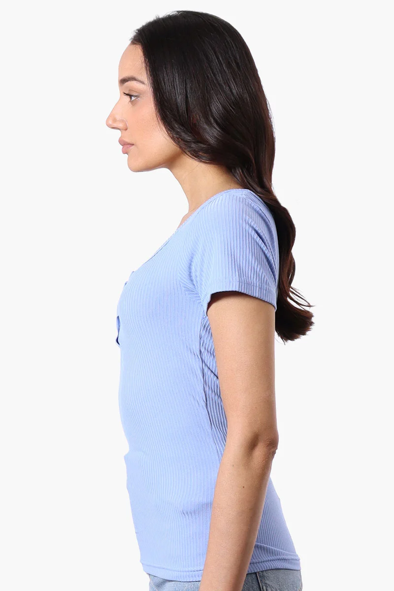 Ribbed Square Neck Henley Tee - Blue - Image 2