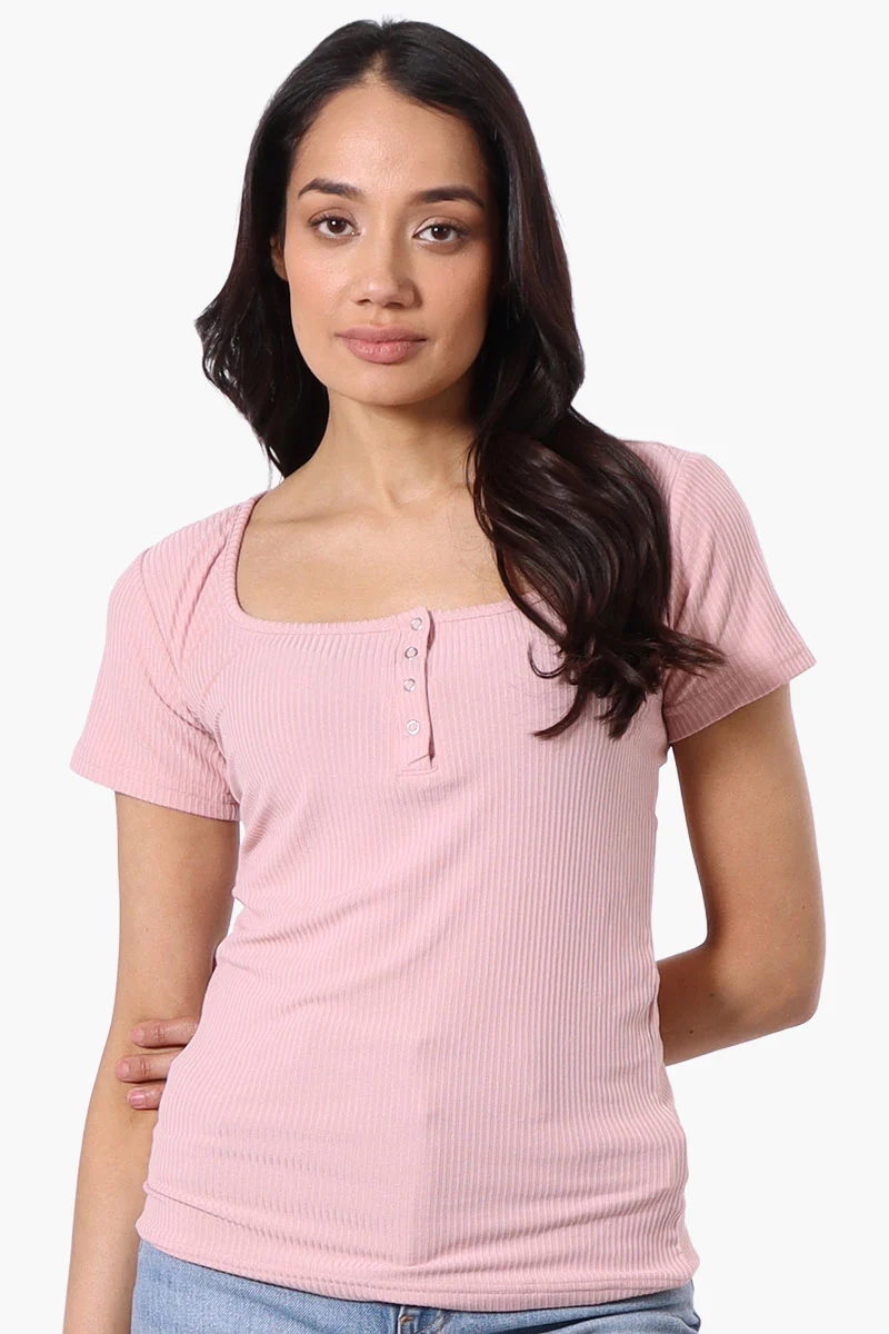 Ribbed Square Neck Henley Tee - Pink