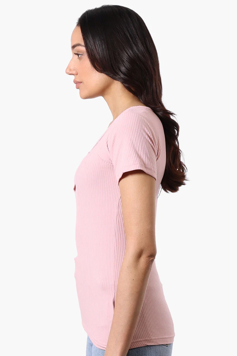 Ribbed Square Neck Henley Tee - Pink - Image 2