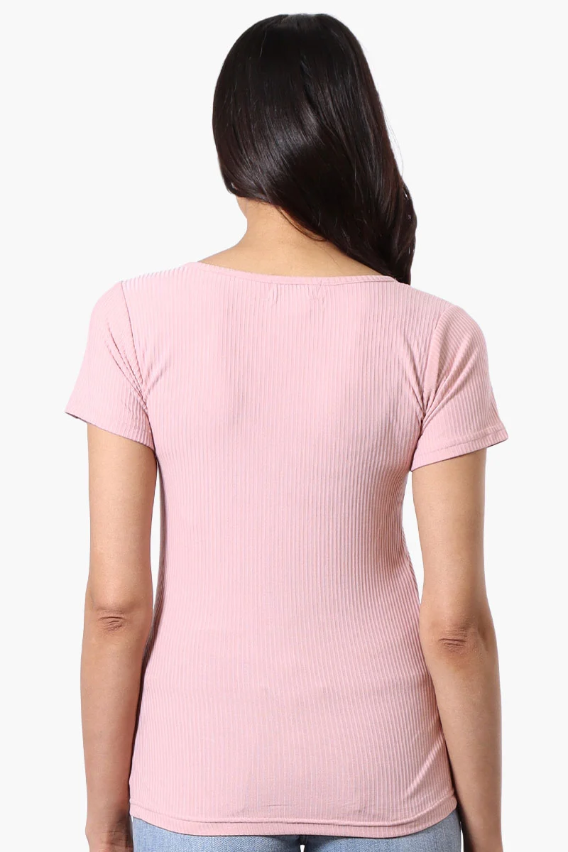 Ribbed Square Neck Henley Tee - Pink - Image 3