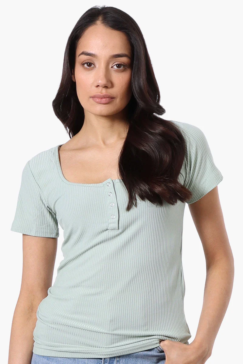 Ribbed Square Neck Henley Tee - Mint