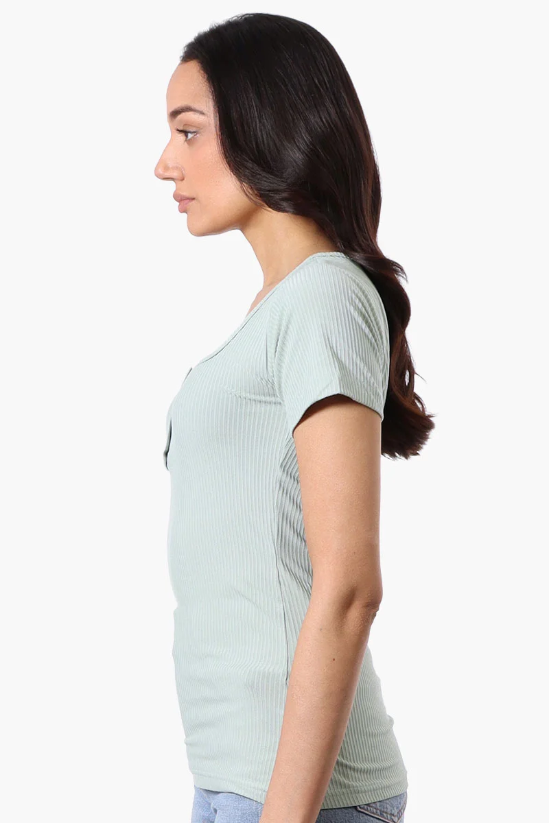 Ribbed Square Neck Henley Tee - Mint - Image 2