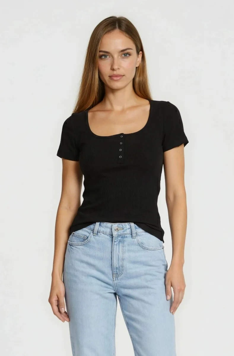 Square Neck Henley Top - Black