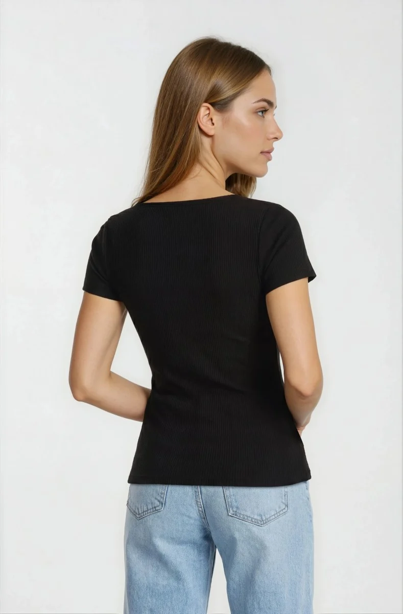 Square Neck Henley Top - Black - Image 2