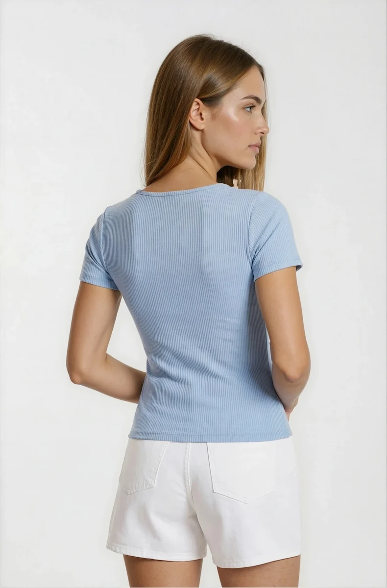 Square Neck Henley Top - Blue - Image 2