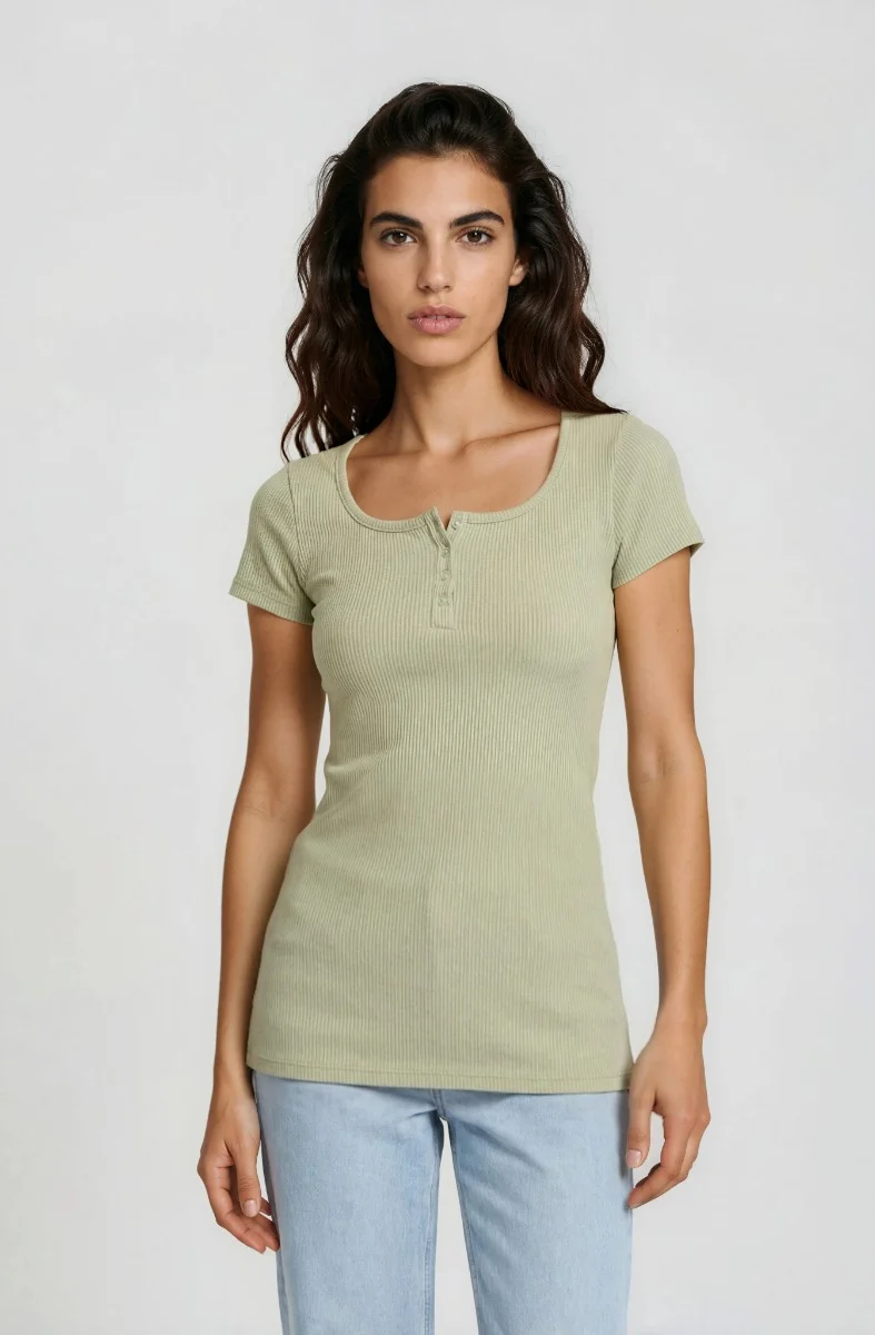 Square Neck Henley Top - Olive