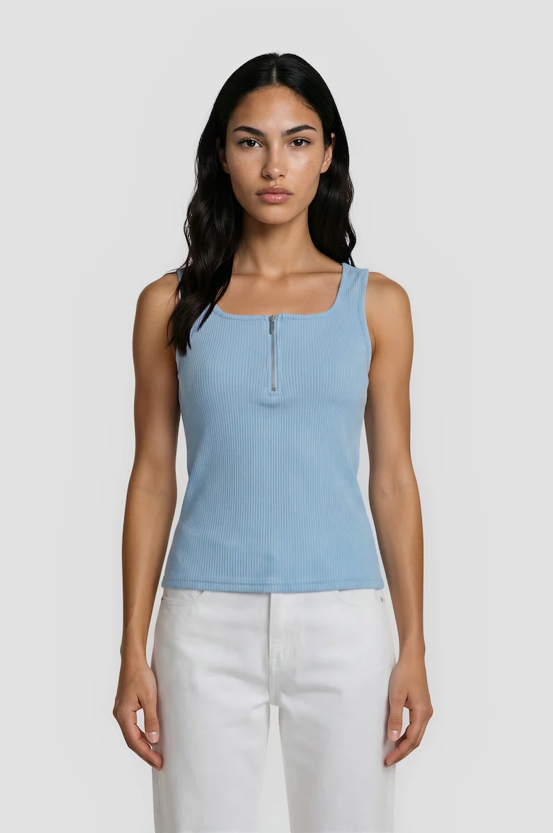 Half Zip Square Neck Tank Top - Blue