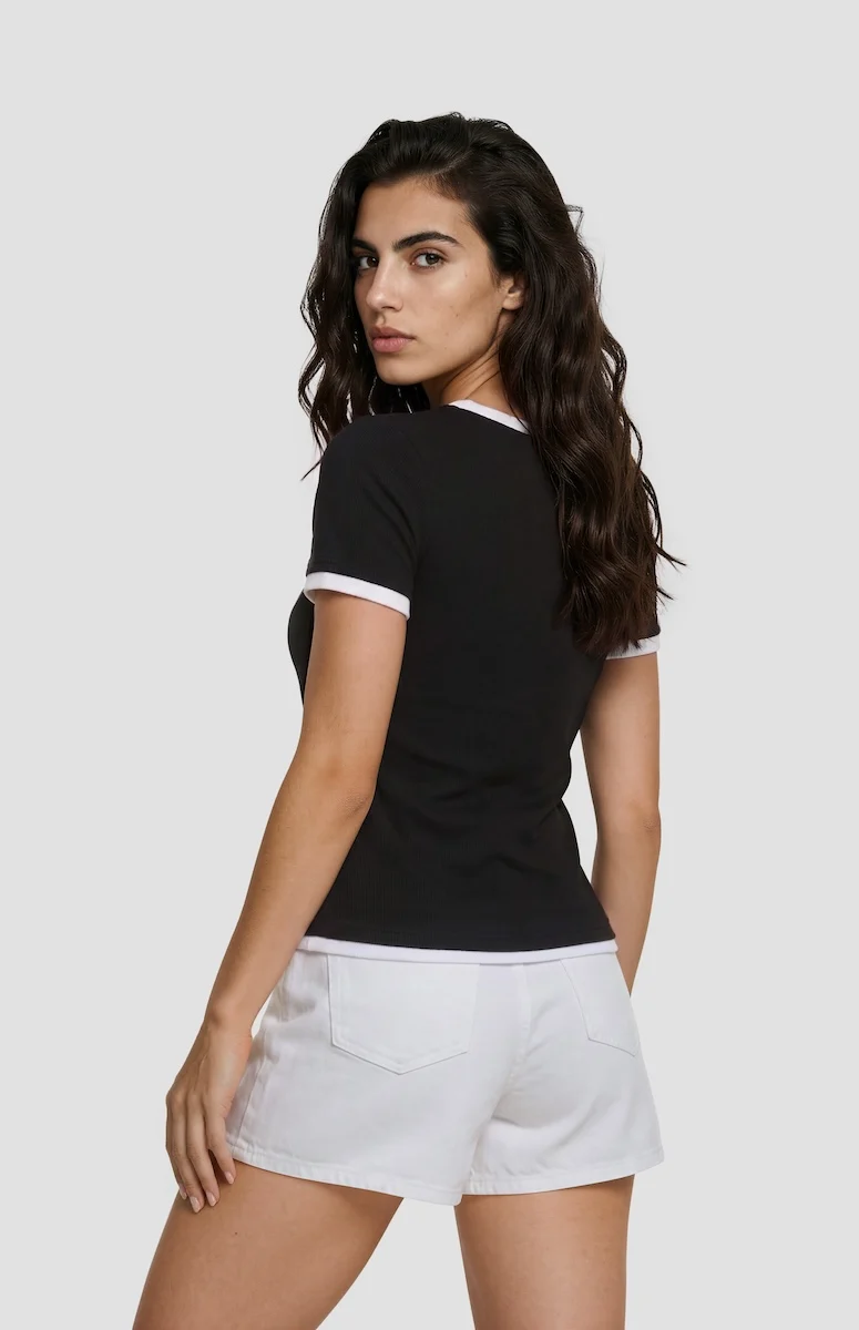 Short Sleeve Ribbed Tee - Black - Image 2