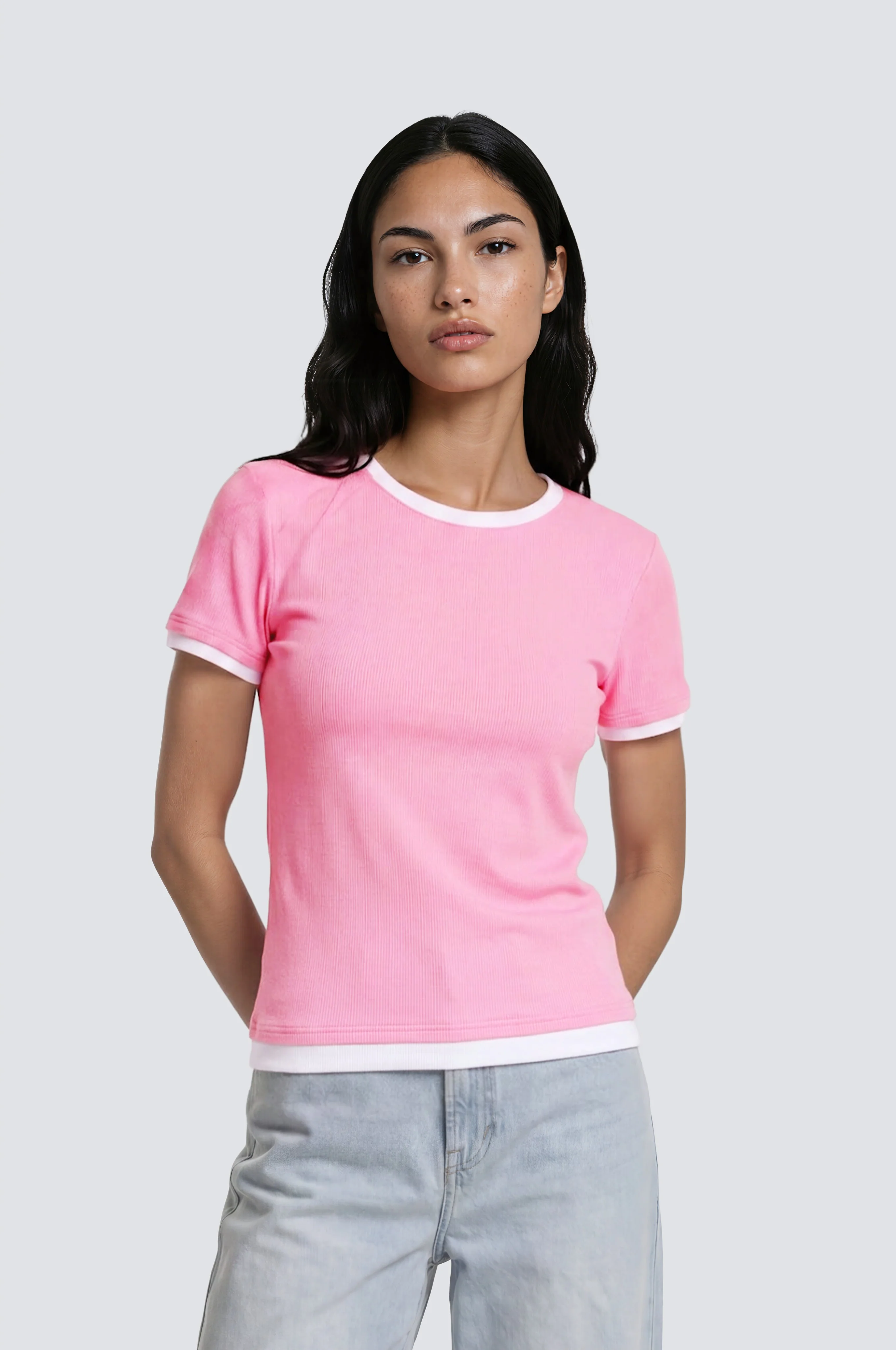 Short Sleeve Ribbed Tee - Pink