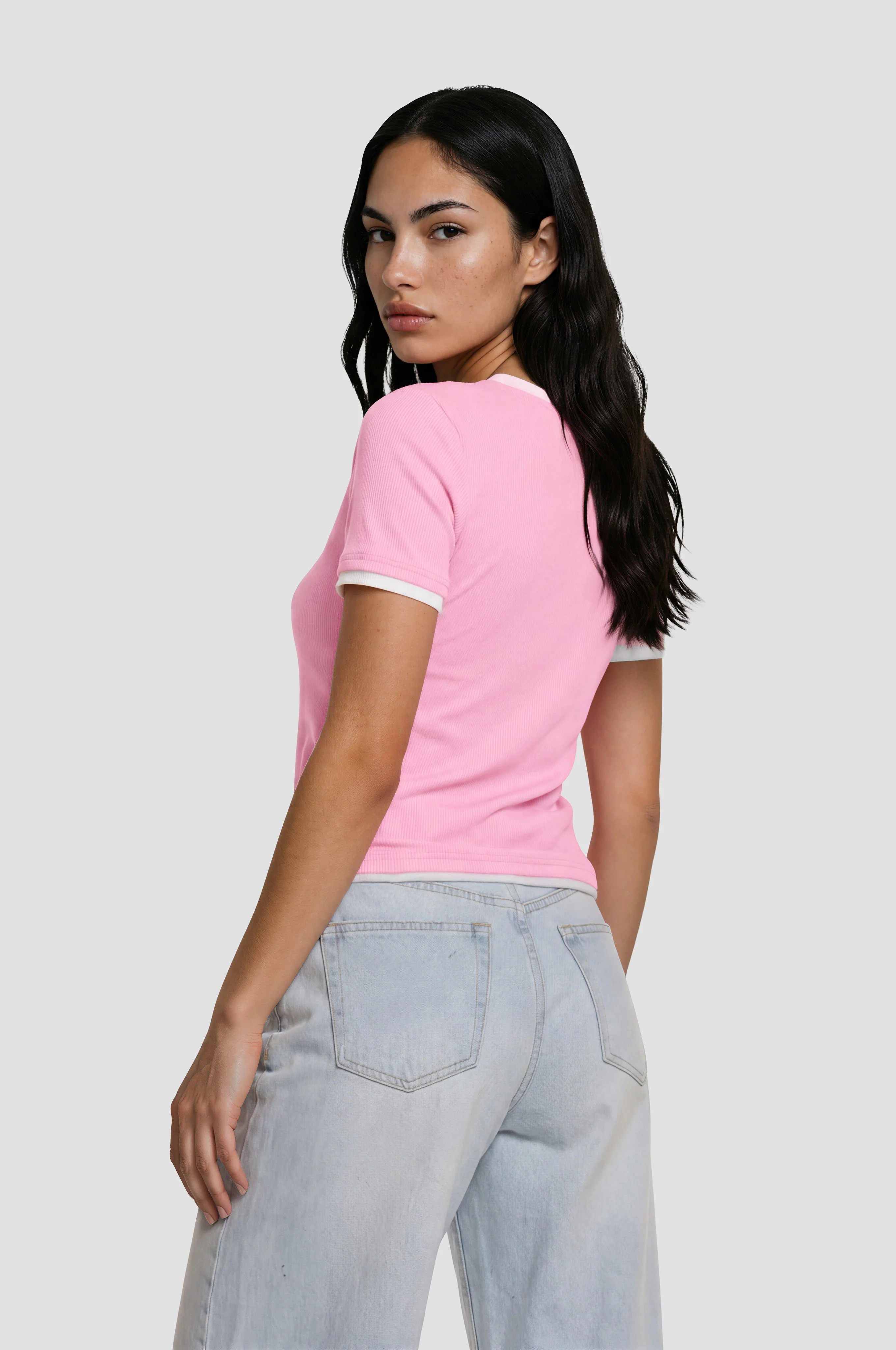 Short Sleeve Ribbed Tee - Pink - Image 2