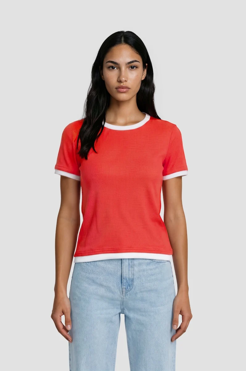 Short Sleeve Ribbed Tee - Red