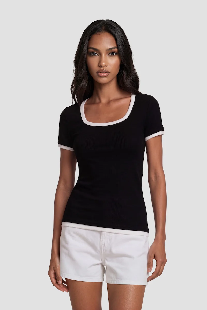 Square Neck Short Sleeve Top - Black