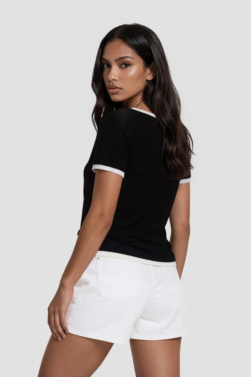 Square Neck Short Sleeve Top - Black - Image 2