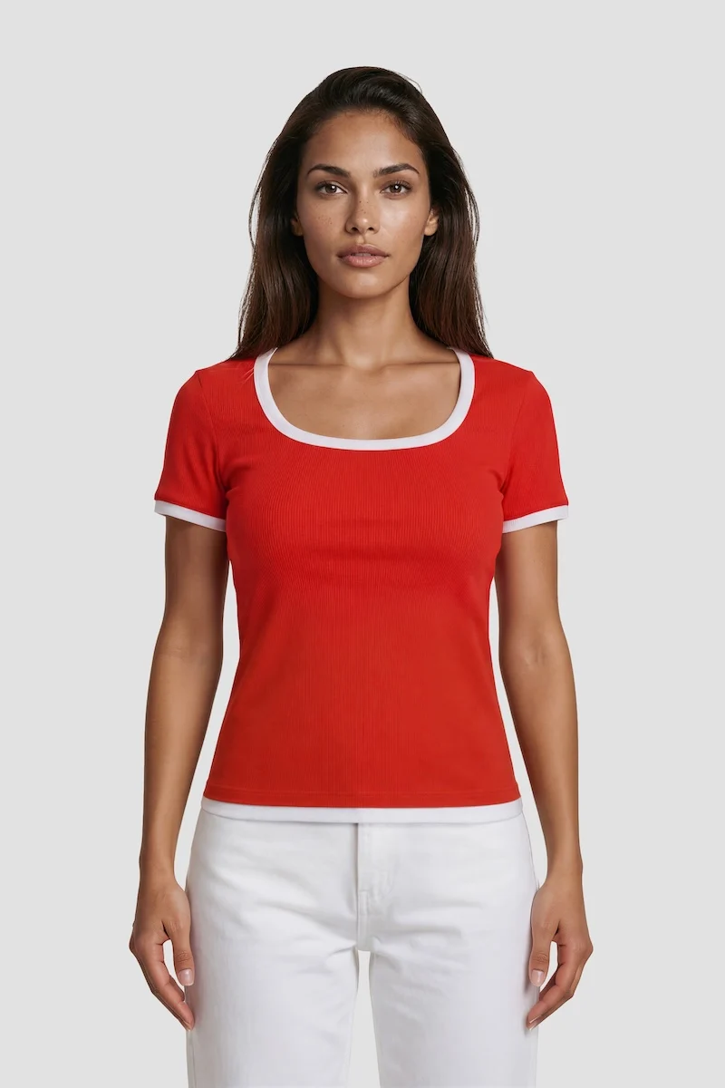 Square Neck Short Sleeve Top - Red