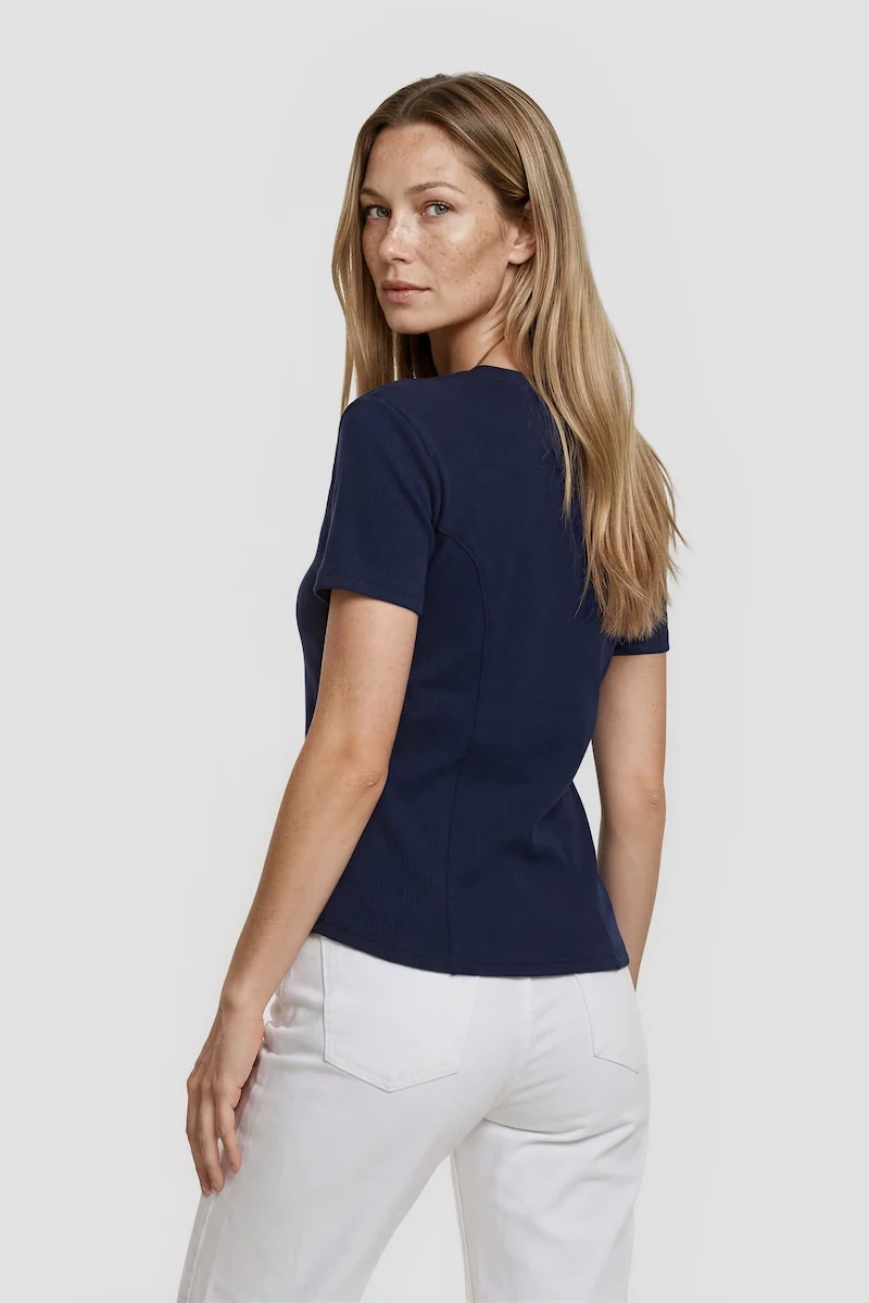Short Sleeve Top With Snaps - Navy - Image 2
