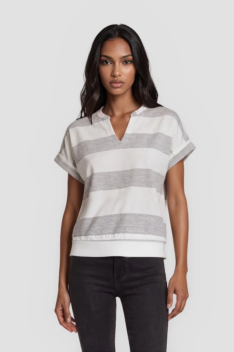 V-Neck Short Sleeve Striped Top - Grey