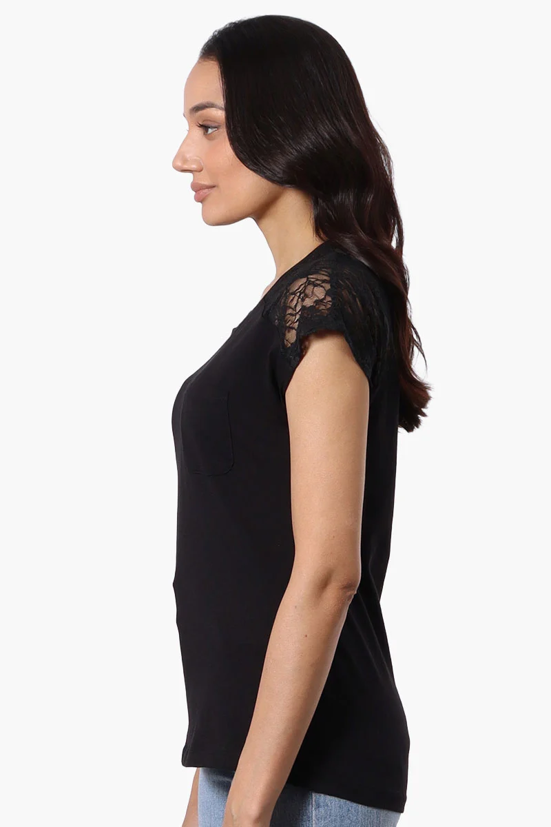 Floral Lace Cap Sleeve Tee - Black - Image 2