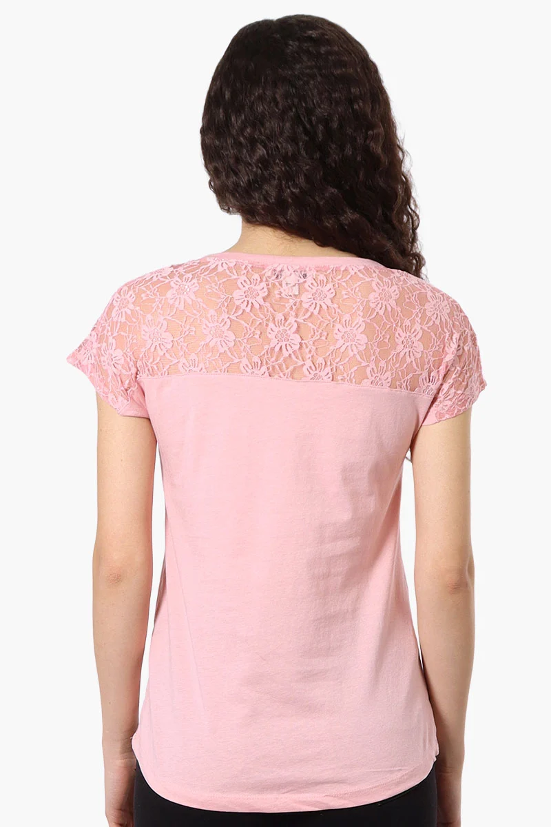 Floral Lace Cap Sleeve Tee - Pink - Image 3