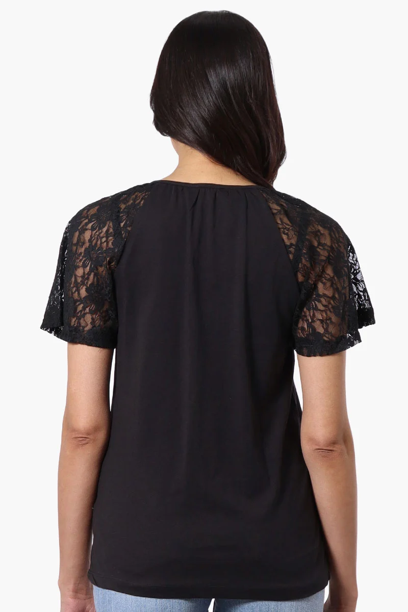 Lace Cap Sleeve V-Neck Tee - Black - Image 3
