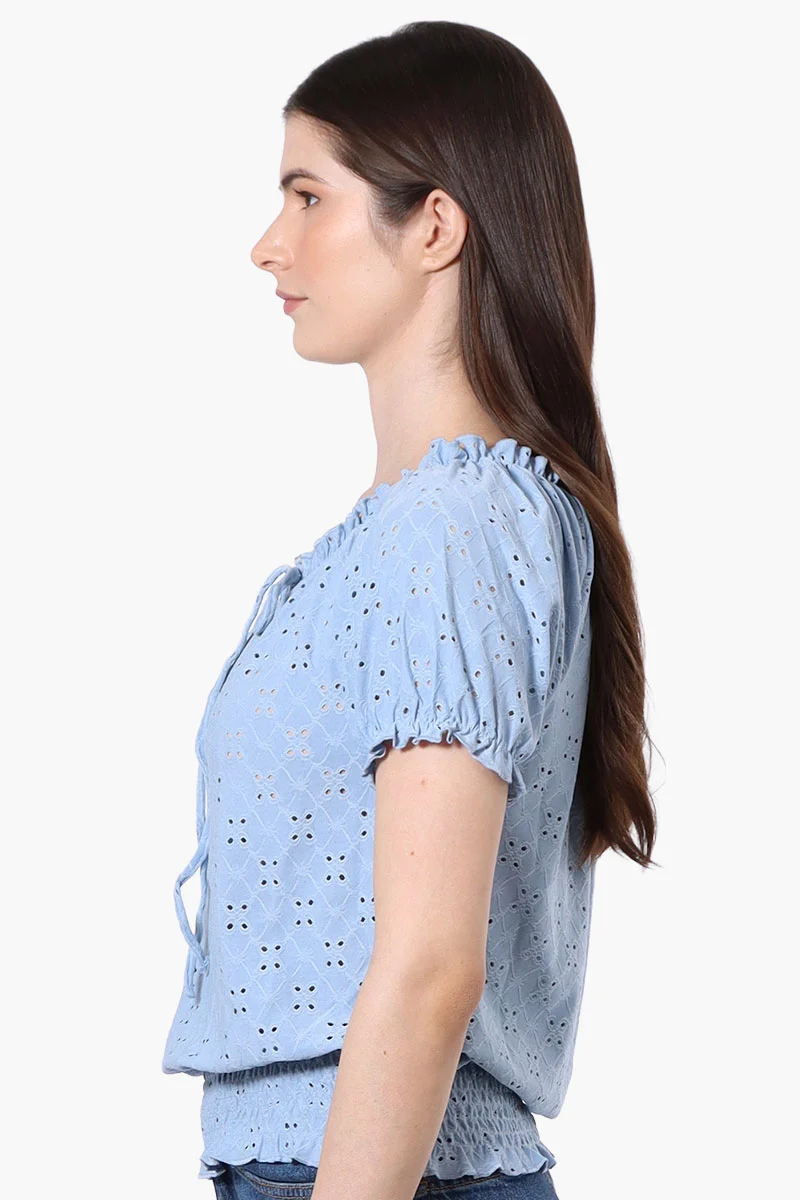 Eyelet Drawstring Neck Blouse - Blue - Image 2