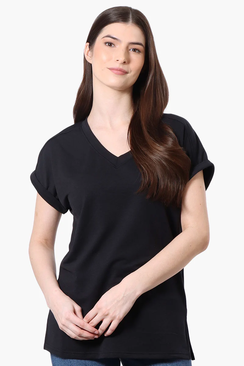 Sport Cuffed Sleeve V-Neck Tee - Black