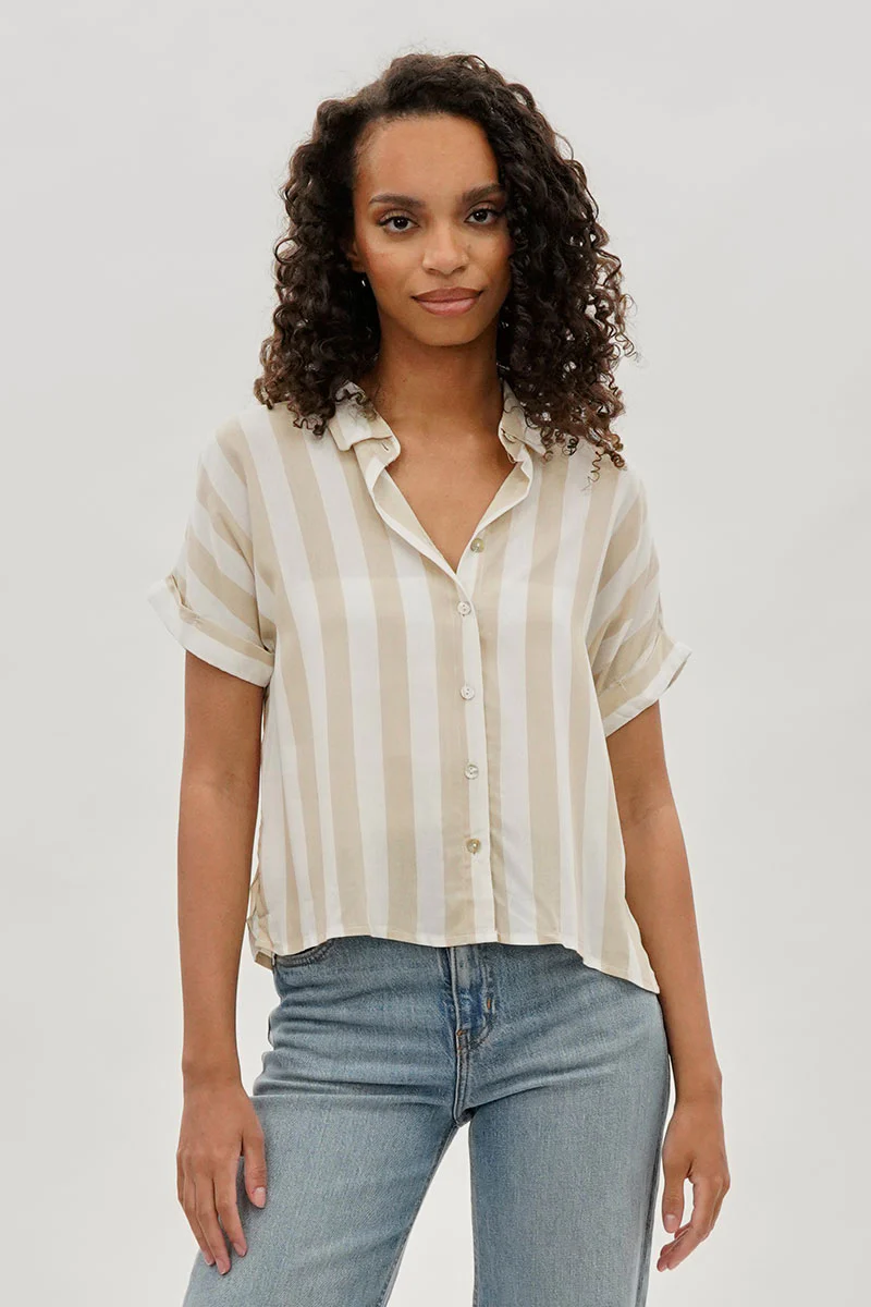 Vintage Striped Button Down Shirt - Beige