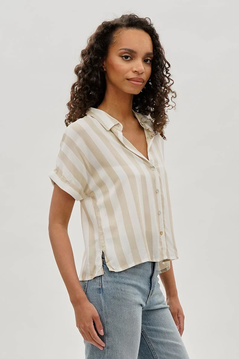 Vintage Striped Button Down Shirt - Beige - Image 2
