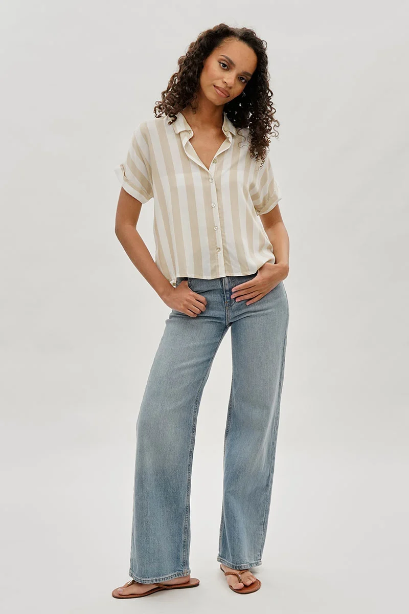Vintage Striped Button Down Shirt - Beige - Image 5