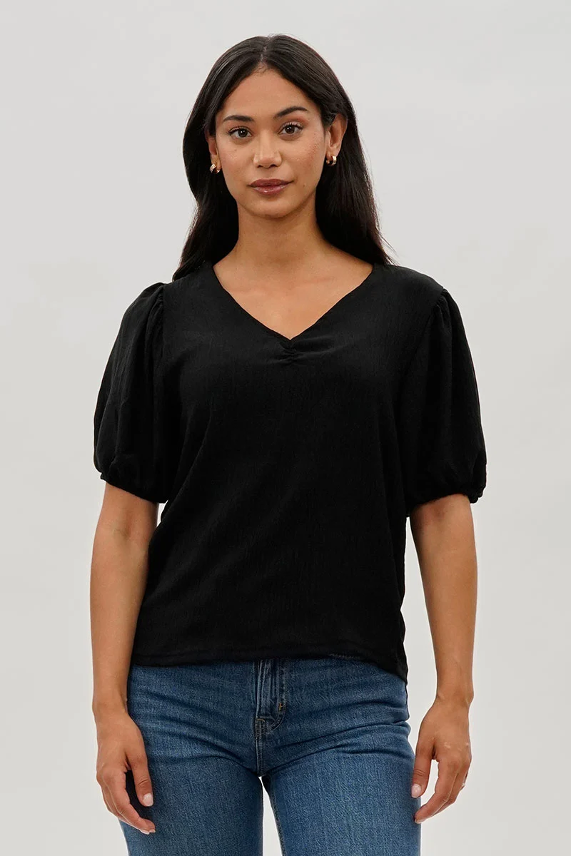 Vintage Puff Sleeve V-Neck Blouse - Black