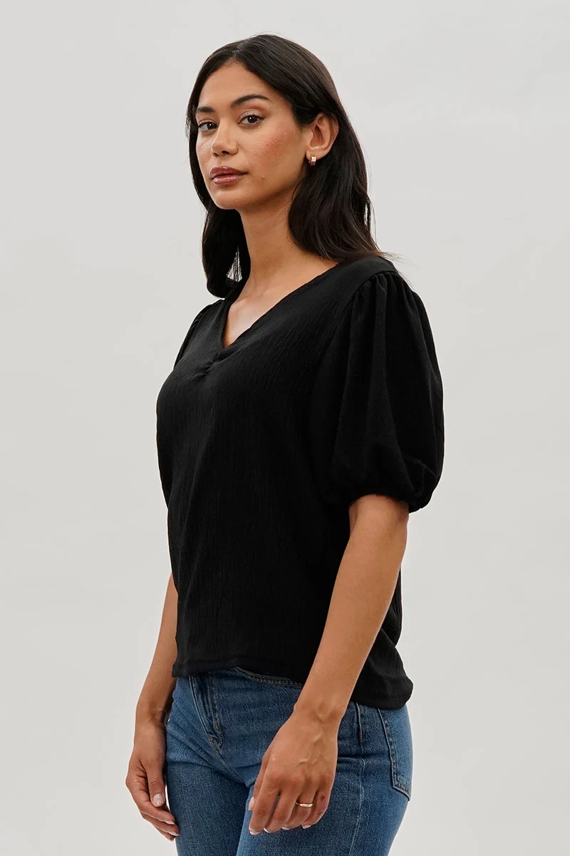 Vintage Puff Sleeve V-Neck Blouse - Black - Image 2