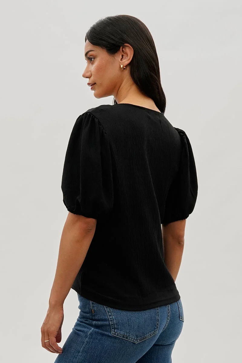 Vintage Puff Sleeve V-Neck Blouse - Black - Image 3