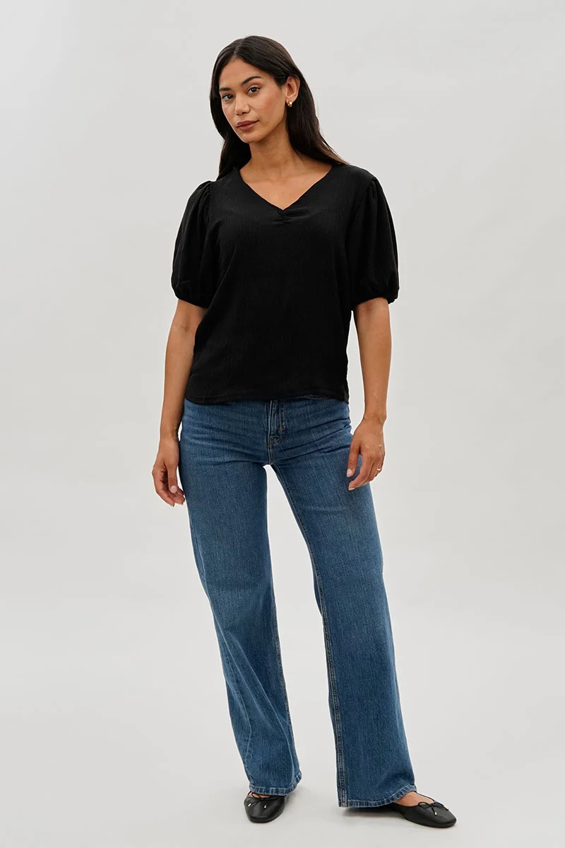 Vintage Puff Sleeve V-Neck Blouse - Black - Image 5