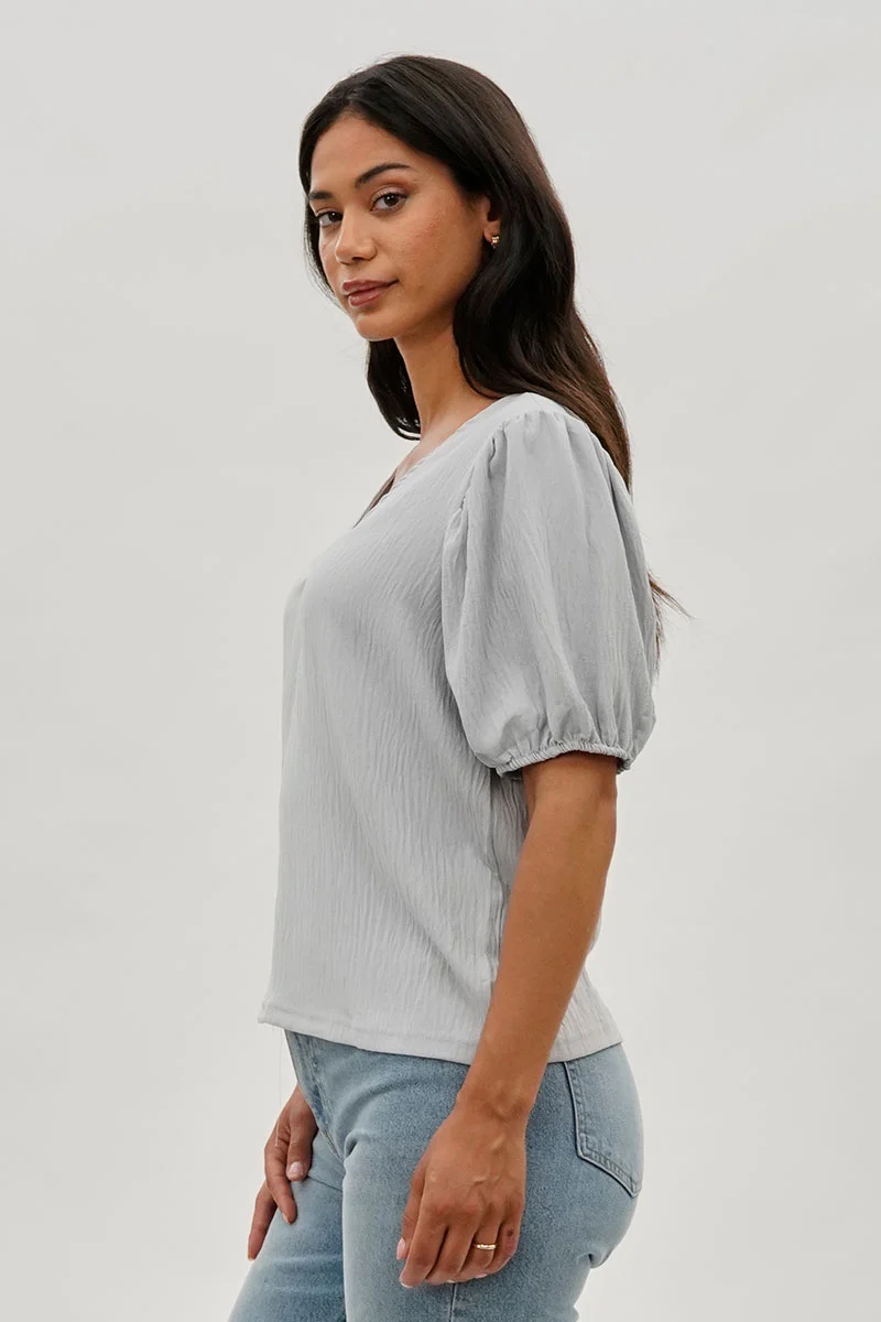 Vintage Puff Sleeve V-Neck Blouse - Grey - Image 2