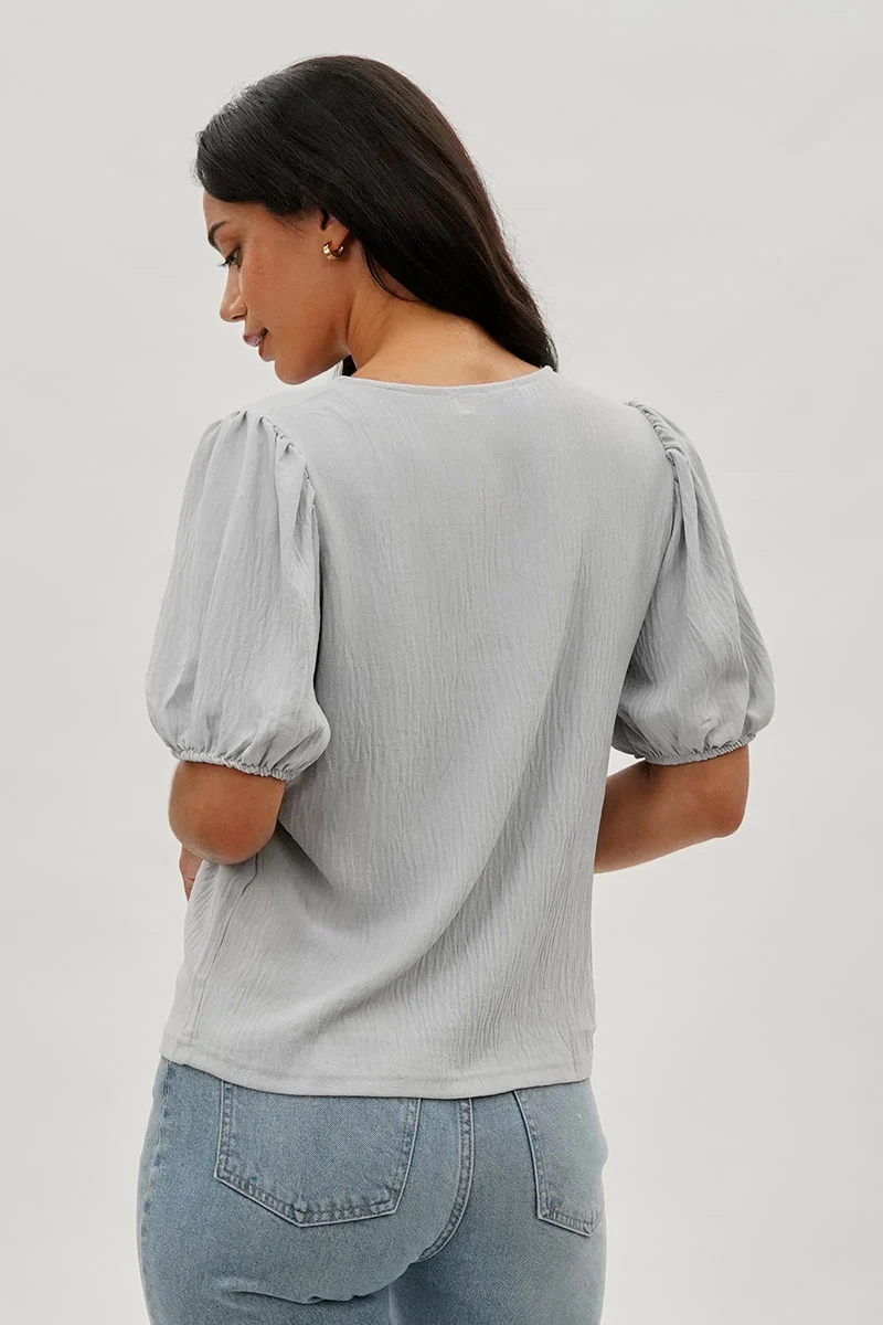 Vintage Puff Sleeve V-Neck Blouse - Grey - Image 3