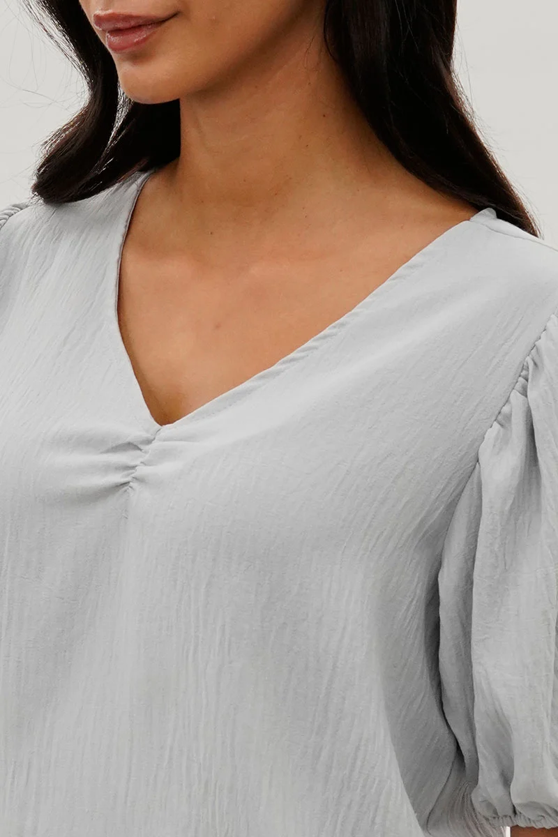 Vintage Puff Sleeve V-Neck Blouse - Grey - Image 4