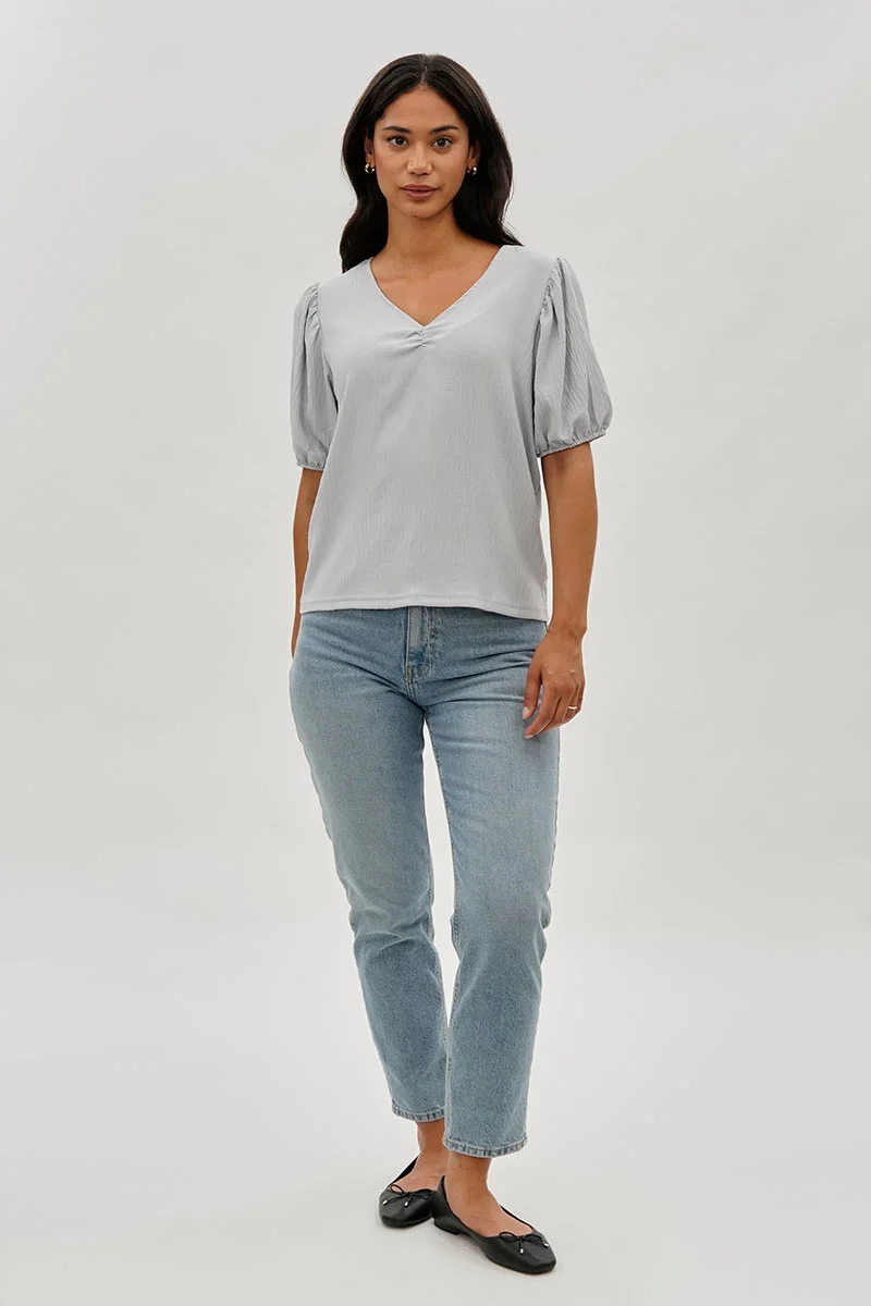 Vintage Puff Sleeve V-Neck Blouse - Grey - Image 5