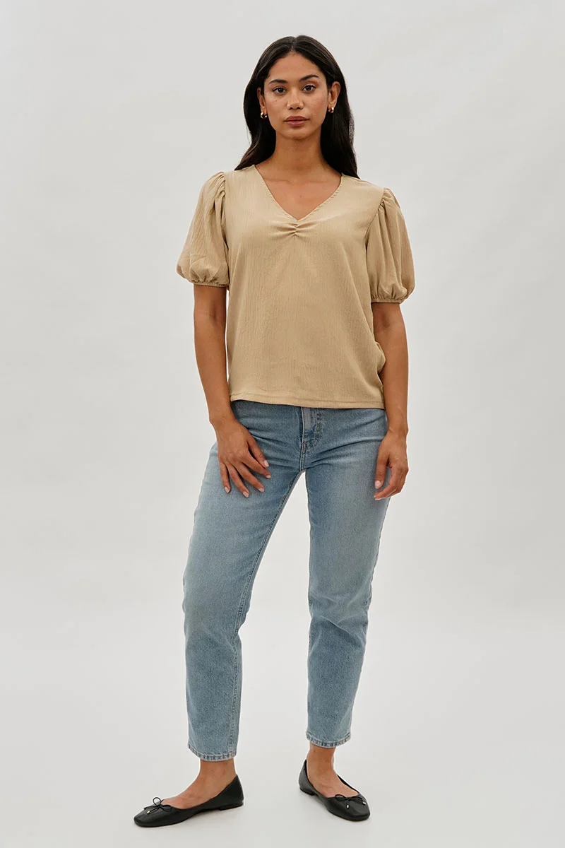 Vintage Puff Sleeve V-Neck Blouse - Beige - Image 5