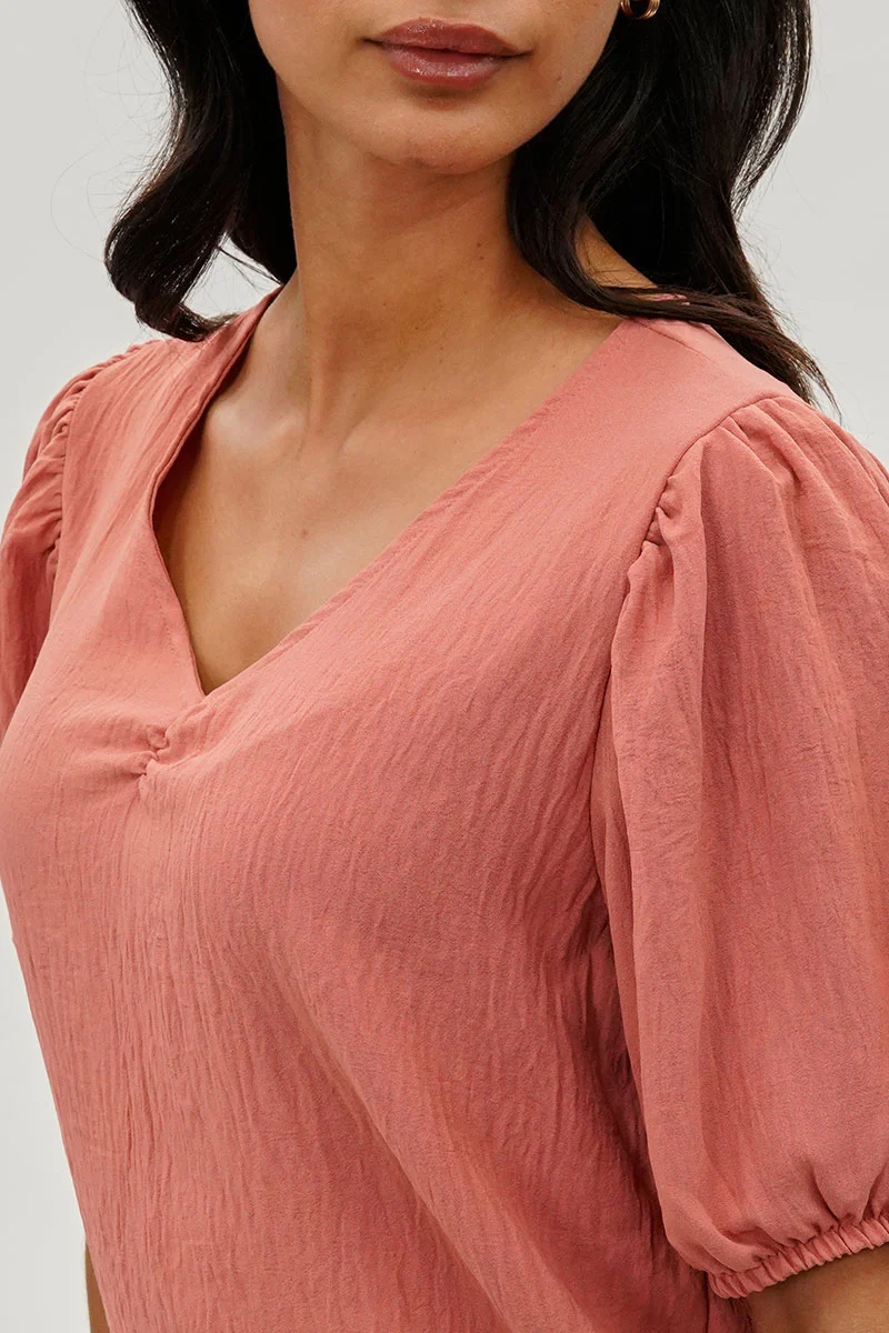 Vintage Puff Sleeve V-Neck Blouse - Coral - Image 4