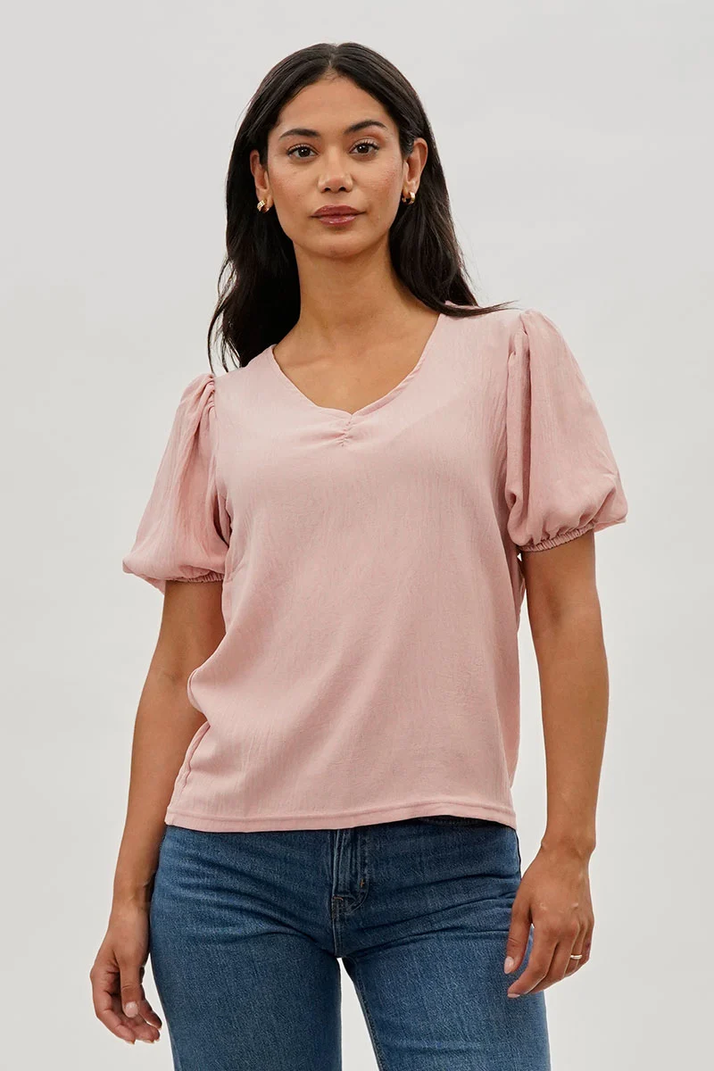 Vintage Puff Sleeve V-Neck Blouse - Pink